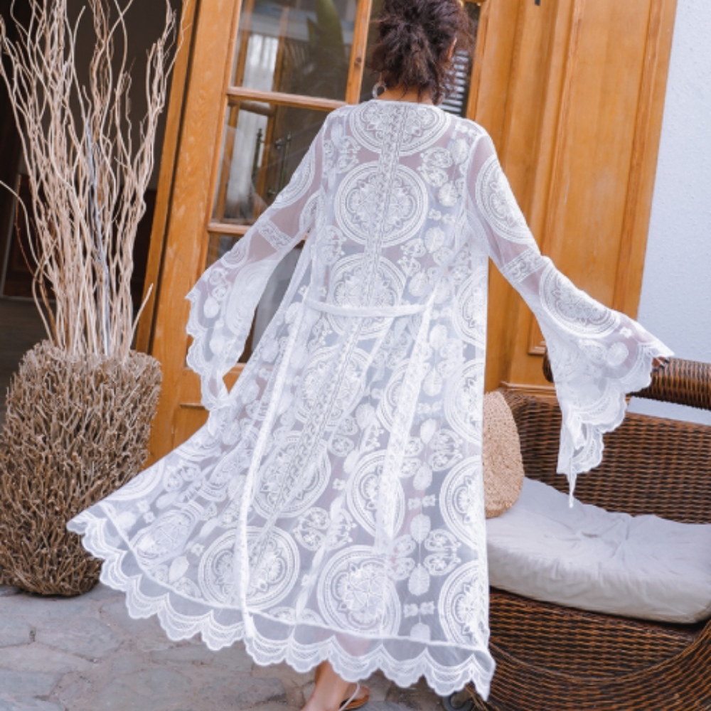 🎀 KIMONO ROBE CARDIGAN DUSTER LACE BOHO CHIC PURE WHITE BEACH SUMMER LONG MAXI - Picture 7 of 14